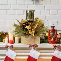 TWINCODECOR Christmas Décor Candle Holder – Xmas Themed Candle Holder Pine Cones And Red Berry Table Centerpiece With 1 Candle Holders For Festival Home Decoration 15" X 15" X 10"(Exclude Candles) -Department 56 Shop 519jmZ6W69L