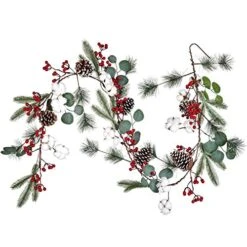 Lvydec Christmas Pine Garland Decoration, 6.7ft Eucalyptus Christmas Garland With Red Berry Pine Cone Cotton Boll And Eucalyptus Leaves For Holiday Mantel Fireplace Table Centerpiece