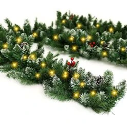 9Ft Pre-Lit Christmas Garland, Artificial Holiday PE Mixed Garland With Battery Operated 50 LED Lights, Xmas Decoration Flocked Garland With Pine Cones And Timer For Walls Stairs Fireplaces
