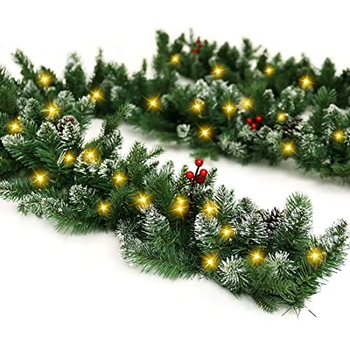9Ft Pre-Lit Christmas Garland, Artificial Holiday PE Mixed Garland With Battery Operated 50 LED Lights, Xmas Decoration Flocked Garland With Pine Cones And Timer For Walls Stairs Fireplaces 1 9Ft Pre-Lit Christmas Garland, Artificial Holiday PE Mixed Garland With Battery Operated 50 LED Lights, Xmas Decoration Flocked Garland With Pine Cones And Timer For Walls Stairs Fireplaces