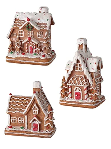 RIBC Set Of 3 Gingerbread Candy Houses In Clay Dough Resin With Frosted Snow LooK, 5 To 6 Inches Tall, Christmas Village Decor, Brown White 1 RIBC Set Of 3 Gingerbread Candy Houses In Clay Dough Resin With Frosted Snow LooK, 5 To 6 Inches Tall, Christmas Village Decor, Brown White