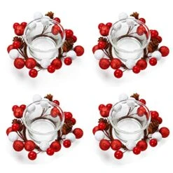OYATON Christmas Votive Candle Holders With Pinecone Berry Candle Wreath Ring, Decorative Glass Tealight Candle Holder Set Of 4 For Home, Wedding, Living Room And Bedroom Decor(Exclude Candles)