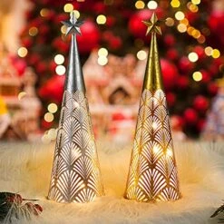 Juegoal Lighted Christmas Table Decorations With Top Star, Battery Operated Cone Shaped Candle Lantern Lights, Light Up Indoor Xmas Holiday Winter Party Tabletop Desk Ornament, Set Of 2 (Gold, Silver)