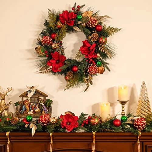 Valery Madelyn Pre-Lit 24 Inch Traditional Red Green Gold Lighted Christmas Wreath For Front Door With Ball Ornaments, Battery Operated 20 LED Lights, Holiday Decoration For Fireplace Xmas Decor 3 Valery Madelyn Pre-Lit 24 Inch Traditional Red Green Gold Lighted Christmas Wreath For Front Door With Ball Ornaments, Battery Operated 20 LED Lights, Holiday Decoration For Fireplace Xmas Decor - Image 3