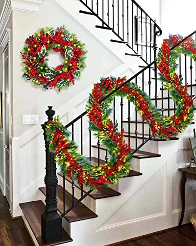 DDHS Christmas Garland,9FT Artificial Garland Christmas Decorations With 60 LED Lights Red Berry For Mantle Fireplace, Indoor, Outdoor, Green Pre Lit Christmas Collection Decor-Warm 5 DDHS Christmas Garland,9FT Artificial Garland Christmas Decorations With 60 LED Lights Red Berry For Mantle Fireplace, Indoor, Outdoor, Green Pre Lit Christmas Collection Decor-Warm - Image 5