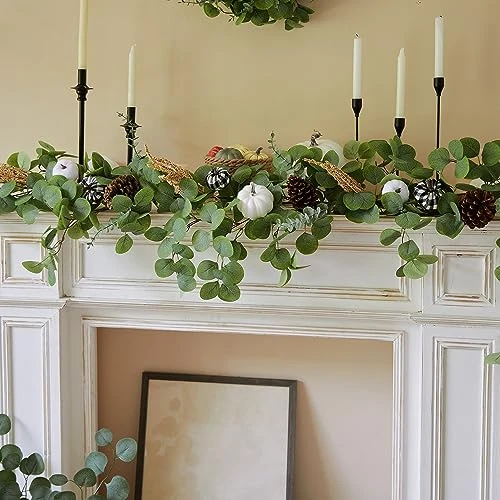 Party Joy 8.8FT Artificial Eucalyptus Garland With White Pumpkins For Fall Decor, Plaid Pumpkins Pinecones Berries Fall Decorations For Home, Wedding Thanksgiving Table Runner Farmhouse Decor 7 Party Joy 8.8FT Artificial Eucalyptus Garland With White Pumpkins For Fall Decor, Plaid Pumpkins Pinecones Berries Fall Decorations For Home, Wedding Thanksgiving Table Runner Farmhouse Decor - Image 7