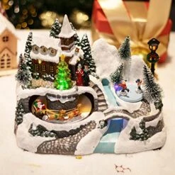 Wonder Solar Christmas Village Houses - Musical Building With Santa Claus On Sleigh Battery Operate Polyresin, Figurines With LED Lights For Indoor Christmas Decor