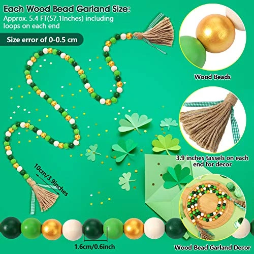 2 Pieces St. Patrick's Day Easter Day Wood Bead Garlands With Tassels 10.8 Ft Farmhouse Rustic Country Wood Bead Boho Bead Garlands For Tiered Tray Decor (Attractive Color) 2 2 Pieces St. Patrick's Day Easter Day Wood Bead Garlands With Tassels 10.8 Ft Farmhouse Rustic Country Wood Bead Boho Bead Garlands For Tiered Tray Decor (Attractive Color) - Image 2