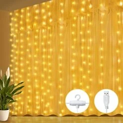 Ollny Curtain Lights For Bedroom - 200LED 6.6x6.6ft Fairy Lights Curtain With 8 Modes Timer Remote, USB Power, Waterproof Hanging String Lights For Backdrop Wedding Party Wall Decorations, Warm White -Department 56 Shop 51GIMHjsAqL. AC
