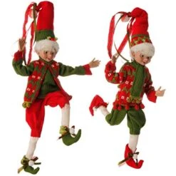 Elves Christmas Decorations - Red And Green Holly Posable Elf Set, 16 Inch