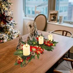 HO2NLE Christmas Poinsettia Centerpiece With 3 Candle Holders 29.5inch Christmas Table Decorations Candle Holder Centerpiece With Lights Xmas Tabletop Candleabrum For Home Fireplace Mantel Party -Department 56 Shop 51GVPWrUBgL