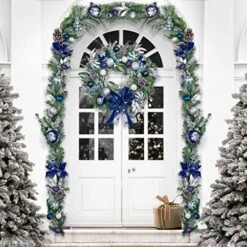 Valery Madelyn Pre-Lit 30 Inch Winter Wishes Blue Silver Large Lighted Christmas Wreath For Front Door With Ball Ornaments, Battery Operated 40 LED Lights, Holiday Decoration For Fireplace Xmas