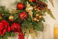 Valery Madelyn Pre-Lit 30 Inch Luxury Red Gold Large Lighted Christmas Wreath For Front Door With Poinsettia Ball Ornament, Battery Operated 40 LED Lights, Holiday Decoration For Fireplace Window Xmas -Department 56 Shop 51GtMea8yuL