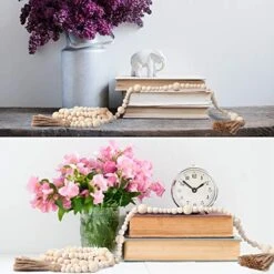 2 Pieces Christmas Wood Bead Garland With Tassels 14.8 Feet Farmhouse Wooden Bead Hanging Garland Natural Holiday Tiered Tray Decor For Christmas Decoration (Natural Wood Color) -Department 56 Shop 51Gz3ytWzWL