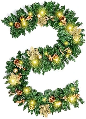 Christmas Garland, Artificial Holiday PE Mixed Garland With Battery Operated 50 LED Lights, Xmas Decoration Flocked Garland With Pine Cones And Timer For Walls Stairs Fireplaces,9Ft Pre-Lit,Blue Ball 10 Christmas Garland, Artificial Holiday PE Mixed Garland With Battery Operated 50 LED Lights, Xmas Decoration Flocked Garland With Pine Cones And Timer For Walls Stairs Fireplaces,9Ft Pre-Lit,Blue Ball - Image 10