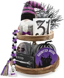 SURCVIO Halloween Tiered Tray Decorations, Halloween Home Decor Including Haunted House Wooden Signs, Cute Gnomes Plush And Bead Garland, Halloween Decorations Indoor For Home Table Room Party -Department 56 Shop 51IajtEFoJL. AC