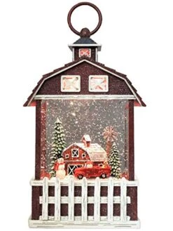 Victory Creative Barn House Christmas Lighted Snow Globe Lantern 9.5" H Musical Snow Globe With Swirling Glitter Battery Operated & Timer & USB