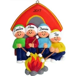 Camping Family Personalized Christmas Ornament (Family Of 4) - Handpainted Resin - 4" Tall - Free Customiztion By Calliope Designs