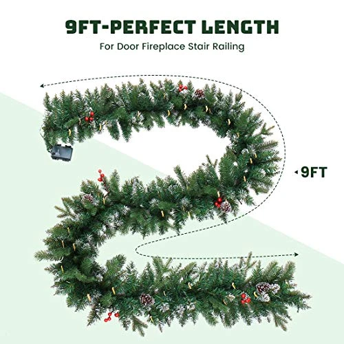 9Ft Pre-Lit Christmas Garland, Artificial Holiday PE Mixed Garland With Battery Operated 50 LED Lights, Xmas Decoration Flocked Garland With Pine Cones And Timer For Walls Stairs Fireplaces 3 9Ft Pre-Lit Christmas Garland, Artificial Holiday PE Mixed Garland With Battery Operated 50 LED Lights, Xmas Decoration Flocked Garland With Pine Cones And Timer For Walls Stairs Fireplaces - Image 3