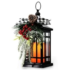 Christmas Lantern Decorative With LED Candle Light Vintage Rustic Lantern Christmas Pine Cone Red Look Distressed Holly Berry ,Indoor & Outdoor Metal Decorative Hanging Decorative Lantern (White Bow)