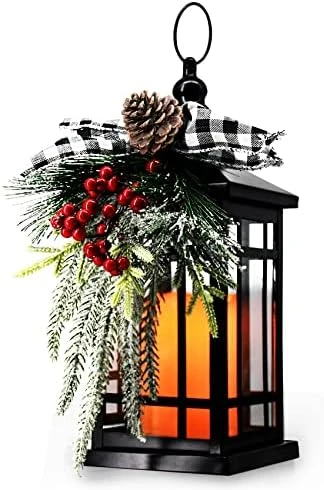 Christmas Lantern Decorative With LED Candle Light Vintage Rustic Lantern Christmas Pine Cone Red Look Distressed Holly Berry ,Indoor & Outdoor Metal Decorative Hanging Decorative Lantern (White Bow) 3 Christmas Lantern Decorative With LED Candle Light Vintage Rustic Lantern Christmas Pine Cone Red Look Distressed Holly Berry ,Indoor & Outdoor Metal Decorative Hanging Decorative Lantern (White Bow) - Image 3