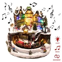 MUMTOP Christmas Village House Decoration, Colourful LED Lights Light Up Bell Tower And Buildings, Rotating Christmas Trees And Railway Train, Music Rendering Atmosphere -Department 56 Shop 51KjrTu730L