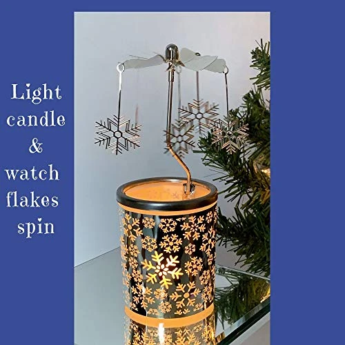 Snowflake Christmas Candle Spinner - Snowflake Charms Spin Above The Candle Holder - Holder Is Frosted Glass With Laser Cut Snowflakes In Metal Wrap 3 Snowflake Christmas Candle Spinner - Snowflake Charms Spin Above The Candle Holder - Holder Is Frosted Glass With Laser Cut Snowflakes In Metal Wrap - Image 3