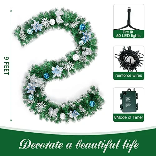 Christmas Garland, Artificial Holiday PE Mixed Garland With Battery Operated 50 LED Lights, Xmas Decoration Flocked Garland With Pine Cones And Timer For Walls Stairs Fireplaces,9Ft Pre-Lit,Blue Ball 3 Christmas Garland, Artificial Holiday PE Mixed Garland With Battery Operated 50 LED Lights, Xmas Decoration Flocked Garland With Pine Cones And Timer For Walls Stairs Fireplaces,9Ft Pre-Lit,Blue Ball - Image 3