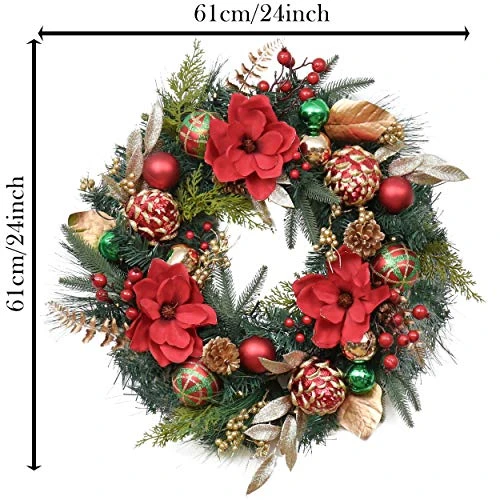 Valery Madelyn Pre-Lit 24 Inch Traditional Red Green Gold Lighted Christmas Wreath For Front Door With Ball Ornaments, Battery Operated 20 LED Lights, Holiday Decoration For Fireplace Xmas Decor 4 Valery Madelyn Pre-Lit 24 Inch Traditional Red Green Gold Lighted Christmas Wreath For Front Door With Ball Ornaments, Battery Operated 20 LED Lights, Holiday Decoration For Fireplace Xmas Decor - Image 4