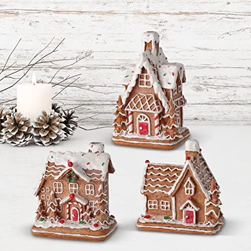 RIBC Set Of 3 Gingerbread Candy Houses In Clay Dough Resin With Frosted Snow LooK, 5 To 6 Inches Tall, Christmas Village Decor, Brown White 3 RIBC Set Of 3 Gingerbread Candy Houses In Clay Dough Resin With Frosted Snow LooK, 5 To 6 Inches Tall, Christmas Village Decor, Brown White - Image 3