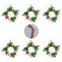 6pcs Christmas Candle Wreaths Rings, Red Berry Pine Wreath With Pine Cones For Pillar Candle Rustic Wedding Centerpiece And Christmas Holiday Table Decoration