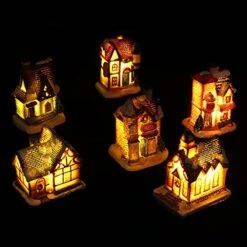 ABOOFAN 6Pcs Christmas Village Sets LED Lighted Christmas Village Houses Pre- Lit Tiny Resin Collectible Building DIY Christmas Doll Figurine Holiday Christmas Tree Ornaments
