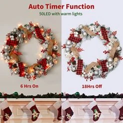 Prelit Flocked Christmas Wreath With Ribbon And Ball Ornaments, 24 Inch Christmas Wreath With Lights Battery Operated 50 LED , Holiday Decoration For Outdoor Front Door Fireplace Xmas Decor -Department 56 Shop 51OioXcFTUL