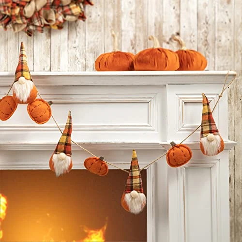Glitzhome 72" L Fall Fabric Gnomes Garland Hanging Pumpkin Felt Garland For Fireplace Wall Decor 2 Glitzhome 72" L Fall Fabric Gnomes Garland Hanging Pumpkin Felt Garland For Fireplace Wall Decor - Image 2