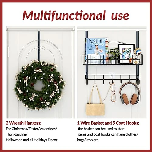 Meluke Over The Door Hooks With 2 Wreath Hangers And Storage Basket, 15'' Door Wreath Hook, Multifunctional Over The Door Organizer Storage Coat Hooks For Front Door,Bathroom,Bedroom 2 Meluke Over The Door Hooks With 2 Wreath Hangers And Storage Basket, 15'' Door Wreath Hook, Multifunctional Over The Door Organizer Storage Coat Hooks For Front Door,Bathroom,Bedroom - Image 2