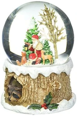 Glitterdomes 100mm Musical Glitter Dome, Features Santa With Woodland Animals On A Tree Like Base With A Racoon Peeking Out, 5.75-Inch