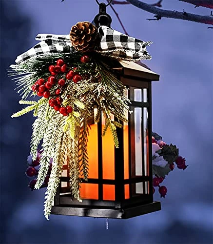 Christmas Lantern Decorative With LED Candle Light Vintage Rustic Lantern Christmas Pine Cone Red Look Distressed Holly Berry ,Indoor & Outdoor Metal Decorative Hanging Decorative Lantern (White Bow) 2 Christmas Lantern Decorative With LED Candle Light Vintage Rustic Lantern Christmas Pine Cone Red Look Distressed Holly Berry ,Indoor & Outdoor Metal Decorative Hanging Decorative Lantern (White Bow) - Image 2