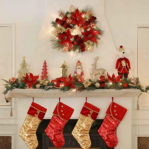 Valery Madelyn Pre-Lit 24 Inch Luxury Red Gold Lighted Christmas Wreath For Front Door With Ball Ornaments, Battery Operated 20 LED Lights, Holiday Decoration For Fireplace Xmas Decor 2 Valery Madelyn Pre-Lit 24 Inch Luxury Red Gold Lighted Christmas Wreath For Front Door With Ball Ornaments, Battery Operated 20 LED Lights, Holiday Decoration For Fireplace Xmas Decor - Image 2