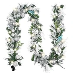 Valery Madelyn Pre-Lit 9 Feet Frozen Winter Silver White Christmas Garland With 40 LED Warm Lights And Ball Ornaments Snowflakes For Front Door Window Fireplace Mantle Xmas Decor, Battery Operated