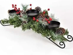 DearHouse Christmas Candle Holder Centerpiece, Pine Cones And Red Berry Table Centerpiece With 3 Candle Holders Table Accent Centerpiece For Festival Home Decoration 20" X 10" X 6"(L X W X H) -Department 56 Shop 51SzX1c9j7L. AC