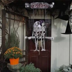 Leutsin Halloween Props Skeleton Door Hanging Bride And Groom Welcome Door Plate Hanger Haunted House Props Horror Decoration (35IN) -Department 56 Shop 51TqZrE9eaL. AC