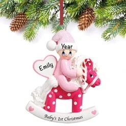 Baby's First Christmas Ornament 2022 - Polyresin Baby Girl Pink Rocking Horse Ornament - My First Christmas Baby Girl Ornament 2022 - Personalized Baby Gifts For Newborn Girl
