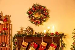 Valery Madelyn Pre-Lit 30 Inch Traditional Red Green Gold Large Lighted Christmas Wreath For Front Door With Ornaments Berries, Battery Operated 40 LED Lights, Holiday Decoration Fireplace Xmas Decor -Department 56 Shop 51UdQCywA6L