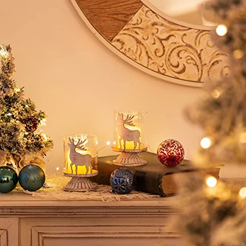 Romadedi Christmas Pillar Candle Holder: Set Of 2 Small Rustic Table Decorations With Distressed Metal Reindeer Design, Candle Holders Centerpieces Ornaments For Shelf Bookcase Farmhouse Home Decor 4 Romadedi Christmas Pillar Candle Holder: Set Of 2 Small Rustic Table Decorations With Distressed Metal Reindeer Design, Candle Holders Centerpieces Ornaments For Shelf Bookcase Farmhouse Home Decor - Image 4