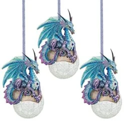 Design Toscano QS9292913 Christmas Tree Ornaments - Frost The Gothic Dragon Holiday Ornament: Set Of Three - Snowflake Dragon Ball Ornament,Multicolored,Set Of 3