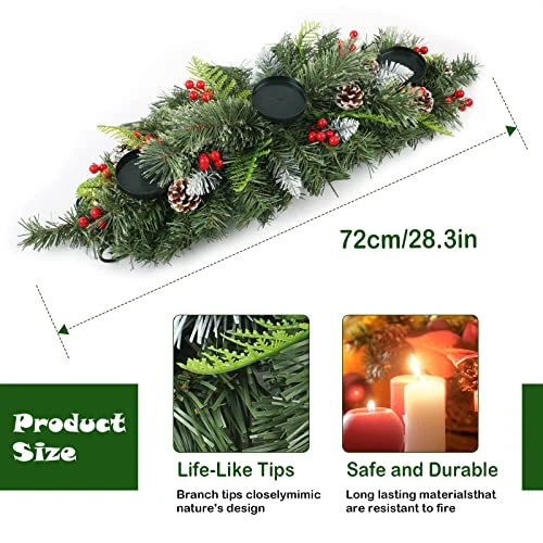 Christmas Candle Holder, 30" Abundant Table Centerpiece W/ 3 Candle Trays, Artificial Decor W/ 68 Pine Needles, 8 Cones, 10 Strings Of Red Cherry & Snowy Leaves, Foldable For Storage 2 Christmas Candle Holder, 30" Abundant Table Centerpiece W/ 3 Candle Trays, Artificial Decor W/ 68 Pine Needles, 8 Cones, 10 Strings Of Red Cherry & Snowy Leaves, Foldable For Storage - Image 2