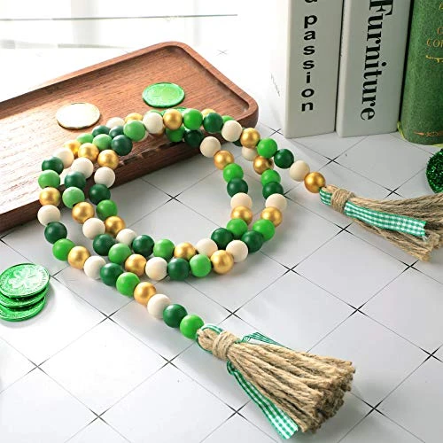 2 Pieces St. Patrick's Day Easter Day Wood Bead Garlands With Tassels 10.8 Ft Farmhouse Rustic Country Wood Bead Boho Bead Garlands For Tiered Tray Decor (Attractive Color) 4 2 Pieces St. Patrick's Day Easter Day Wood Bead Garlands With Tassels 10.8 Ft Farmhouse Rustic Country Wood Bead Boho Bead Garlands For Tiered Tray Decor (Attractive Color) - Image 4