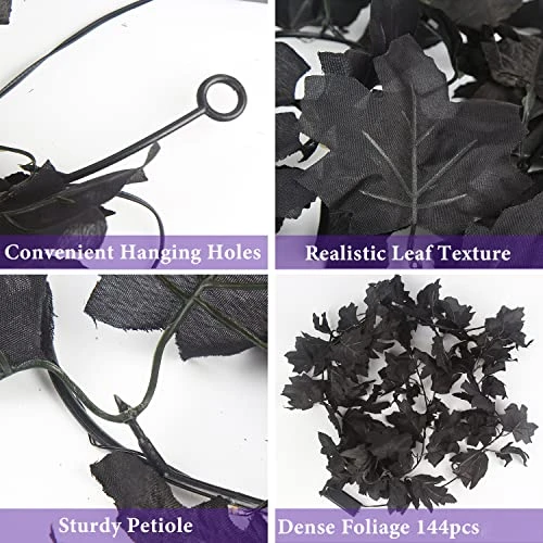 FINGOOO 2 Pack Black Garland Halloween,5.9Ft Black Vines Maple Leaf With Purple Lights For Fireplace Stairs Party Hanging Decor 3 FINGOOO 2 Pack Black Garland Halloween,5.9Ft Black Vines Maple Leaf With Purple Lights For Fireplace Stairs Party Hanging Decor - Image 3