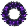 Goplus 24” Black Christmas Wreath, Pre-lit Artificial Halloween Wreath W/ 35 Purple LED Lights, Built-in Waterproof Timer, Front Door Wreath For Indoor, Outdoor, Home, Party Decoration