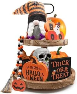 SURCVIO Halloween Tiered Tray Decorations, Halloween Home Decor Including Haunted House Wooden Signs, Cute Gnomes Plush And Bead Garland, Halloween Decorations Indoor For Home Table Room Party -Department 56 Shop 51XmGN6LddL. AC